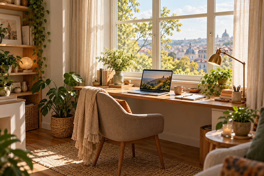 3. فضای زیر پنجره؛ گوشه ای روشن برای دکوراسیون اتاق کار